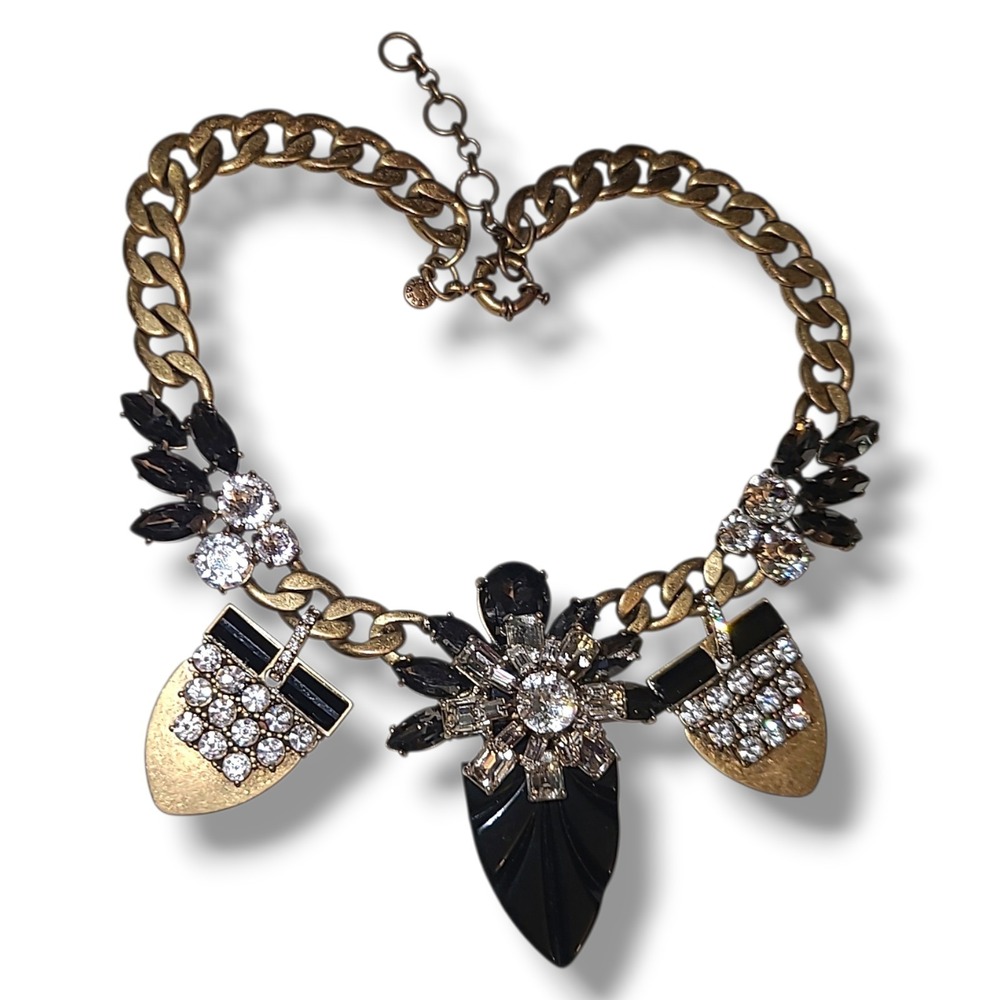 Vintage J‎ Crew Statement Necklace Black Crystal Rhinestone Art Deco Chain